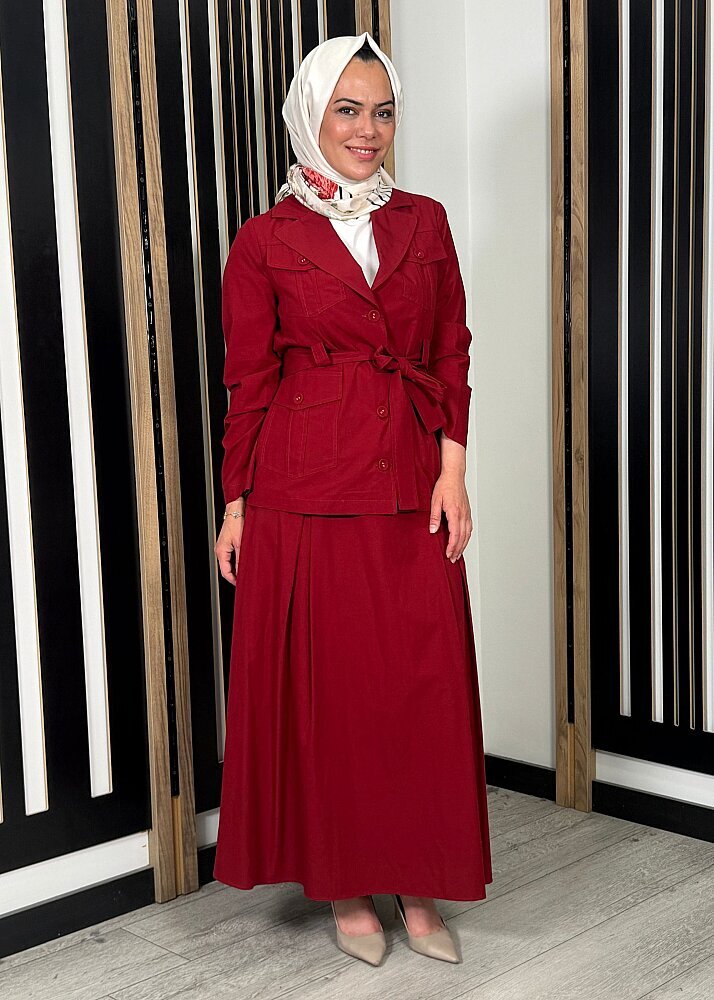 Miss Dalida Kemer Detaylı Pamuklu Kumaş Etek Cherry - 3
