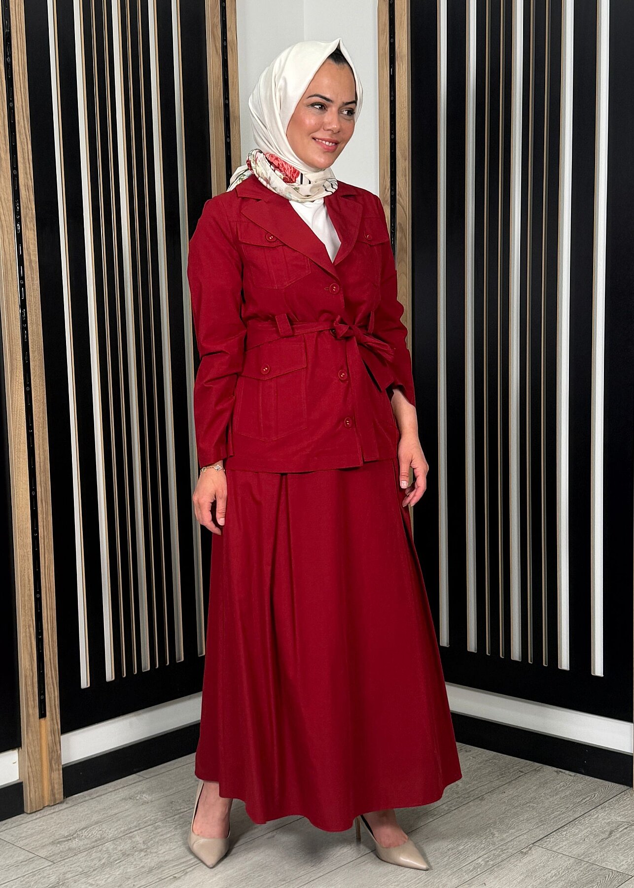 Miss Dalida Kemer Detaylı Pamuklu Kumaş Etek Cherry - 4