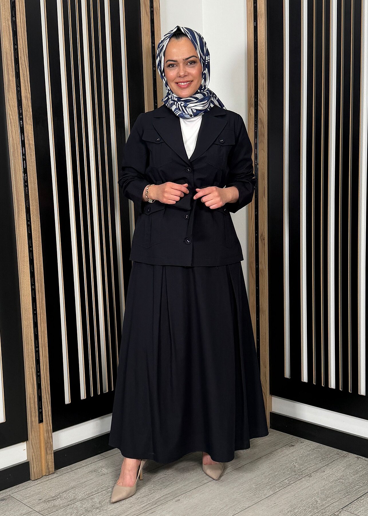 Miss Dalida Kemer Detaylı Pamuklu Kumaş Etek Dark Navy - 1