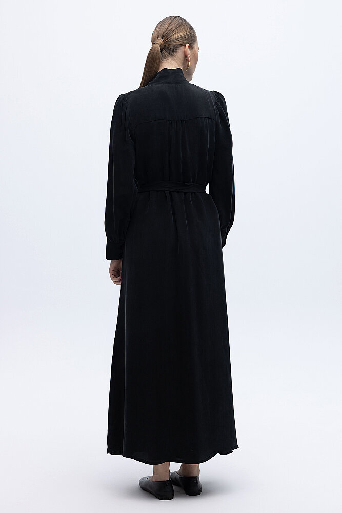 Miss Dalida Kemer Tokalı Uzun Cupro Ceket BLACK - 3