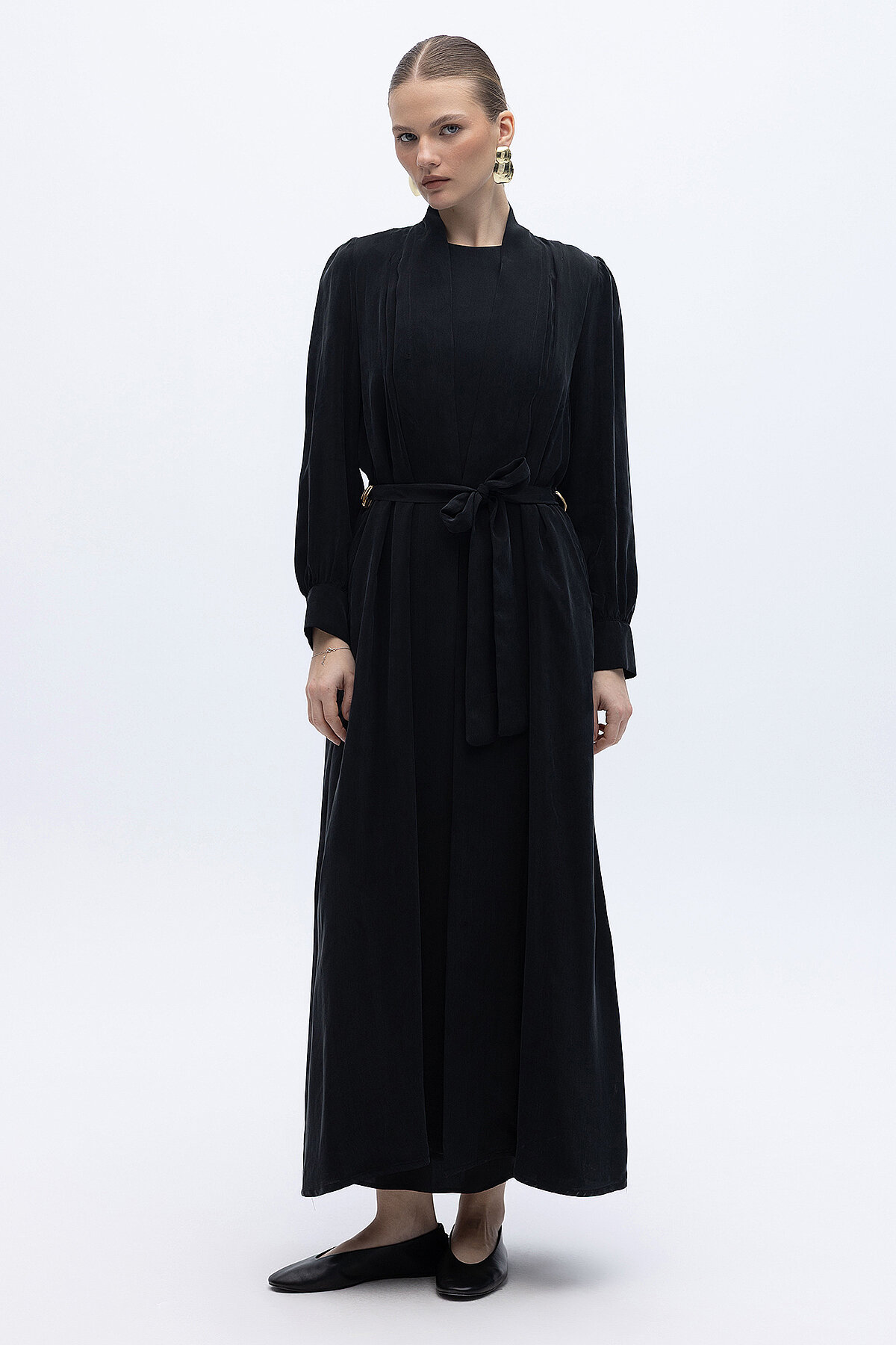 Miss Dalida Kemer Tokalı Uzun Cupro Ceket BLACK - 4