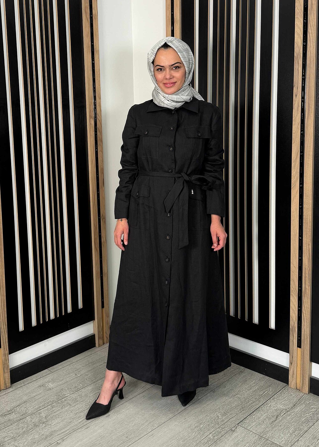 Miss Dalida Kemer ve Cep Detaylı Keten Ceket BLACK - 1