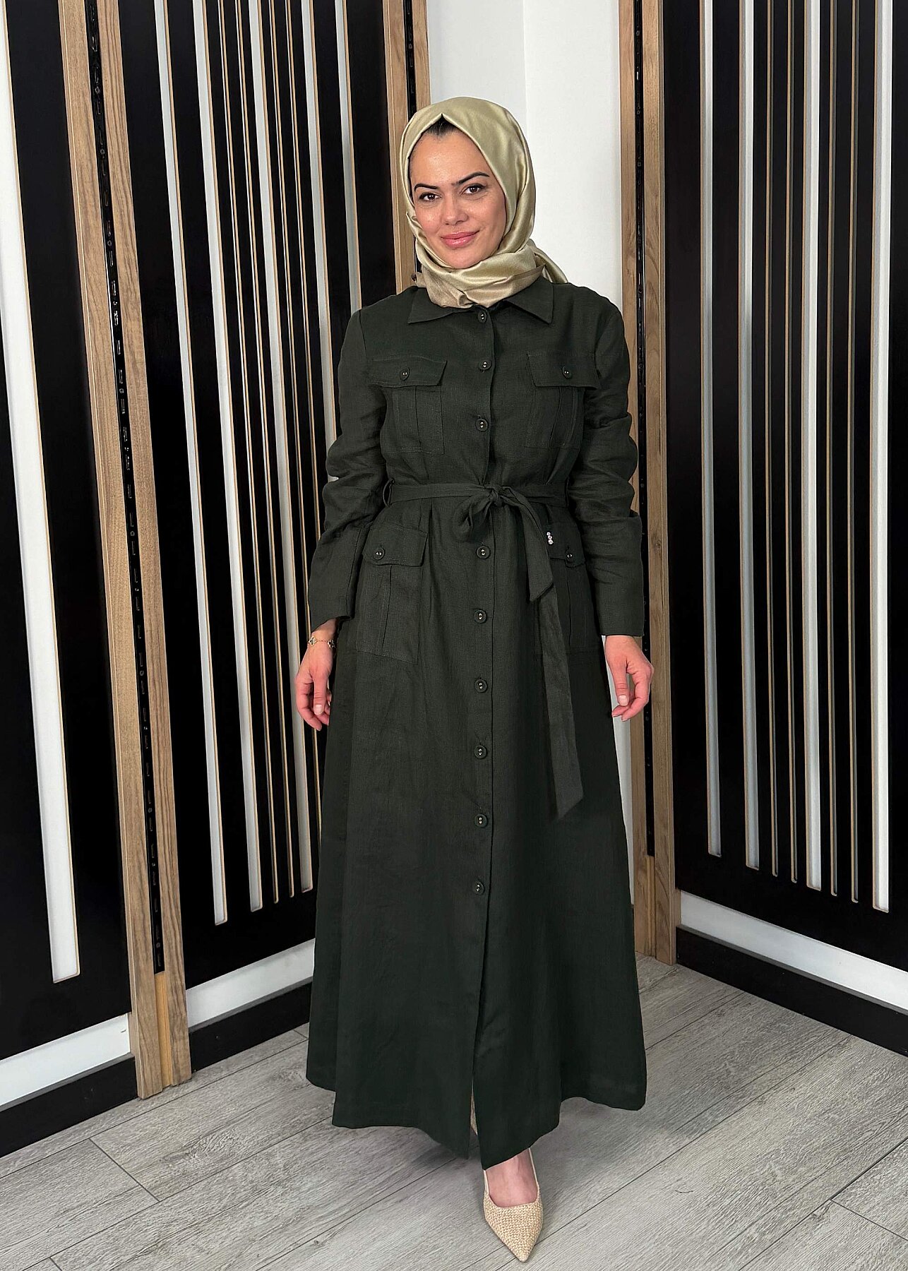 Miss Dalida Kemer ve Cep Detaylı Keten Ceket KHAKİ - 1