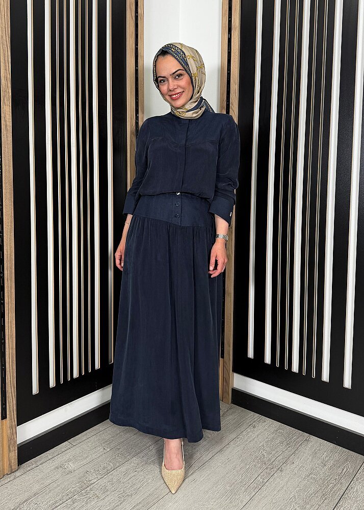 Miss Dalida Keten Korsajlı Cupro Etek Dark Navy