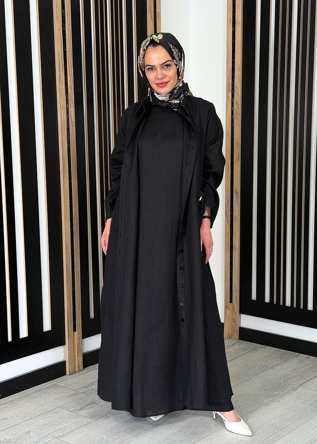 Miss Dalida Kolsuz Düz Renk Keten Elbise BLACK - 1