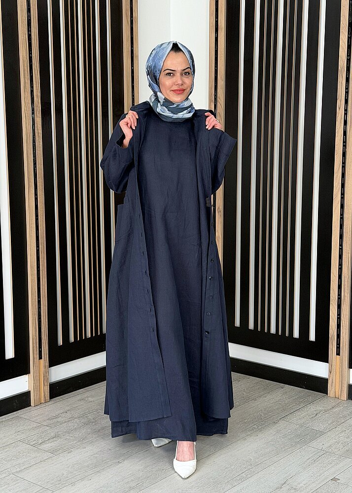 Miss Dalida Kolsuz Düz Renk Keten Elbise Dark Navy (1)