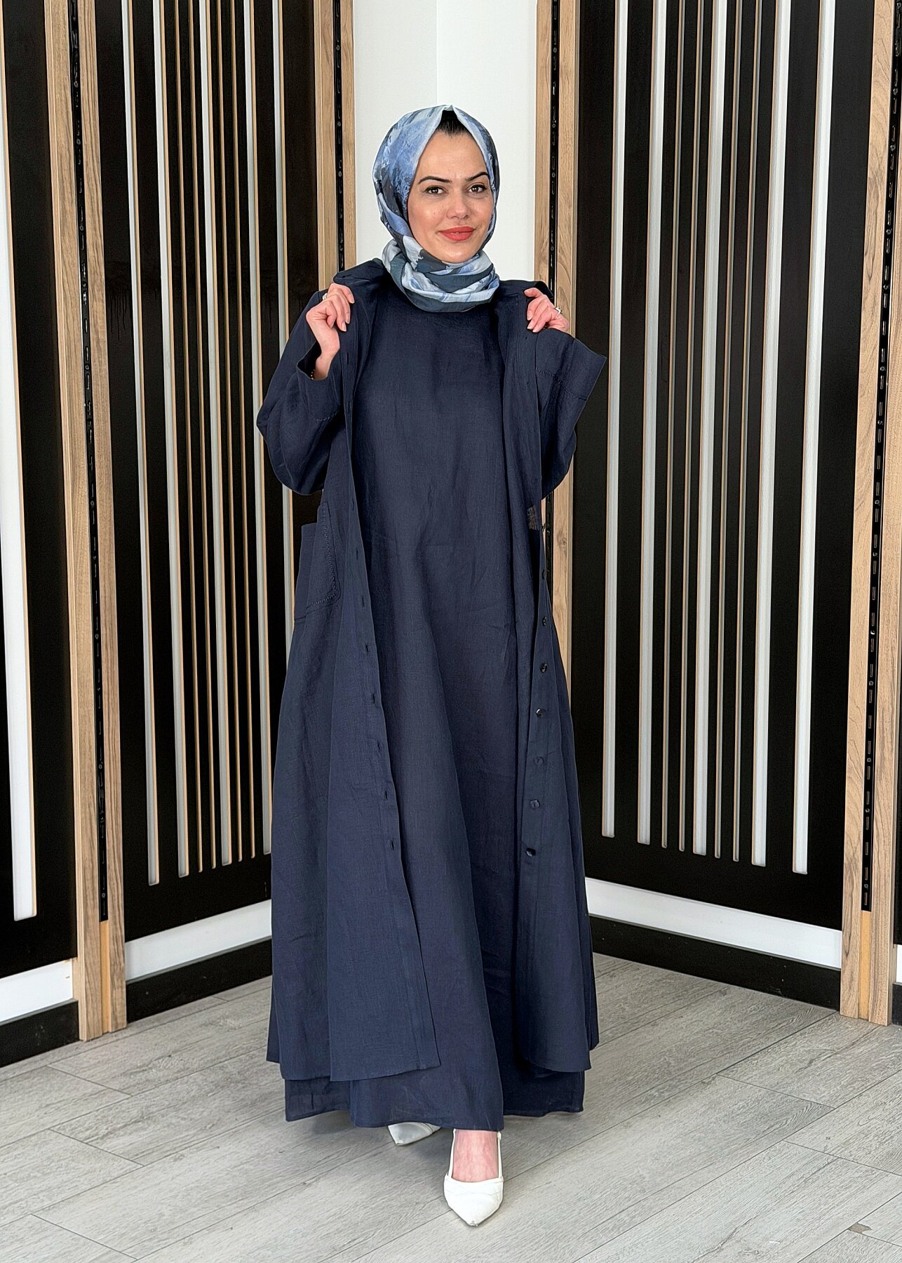 Miss Dalida Kolsuz Düz Renk Keten Elbise Dark Navy - 2
