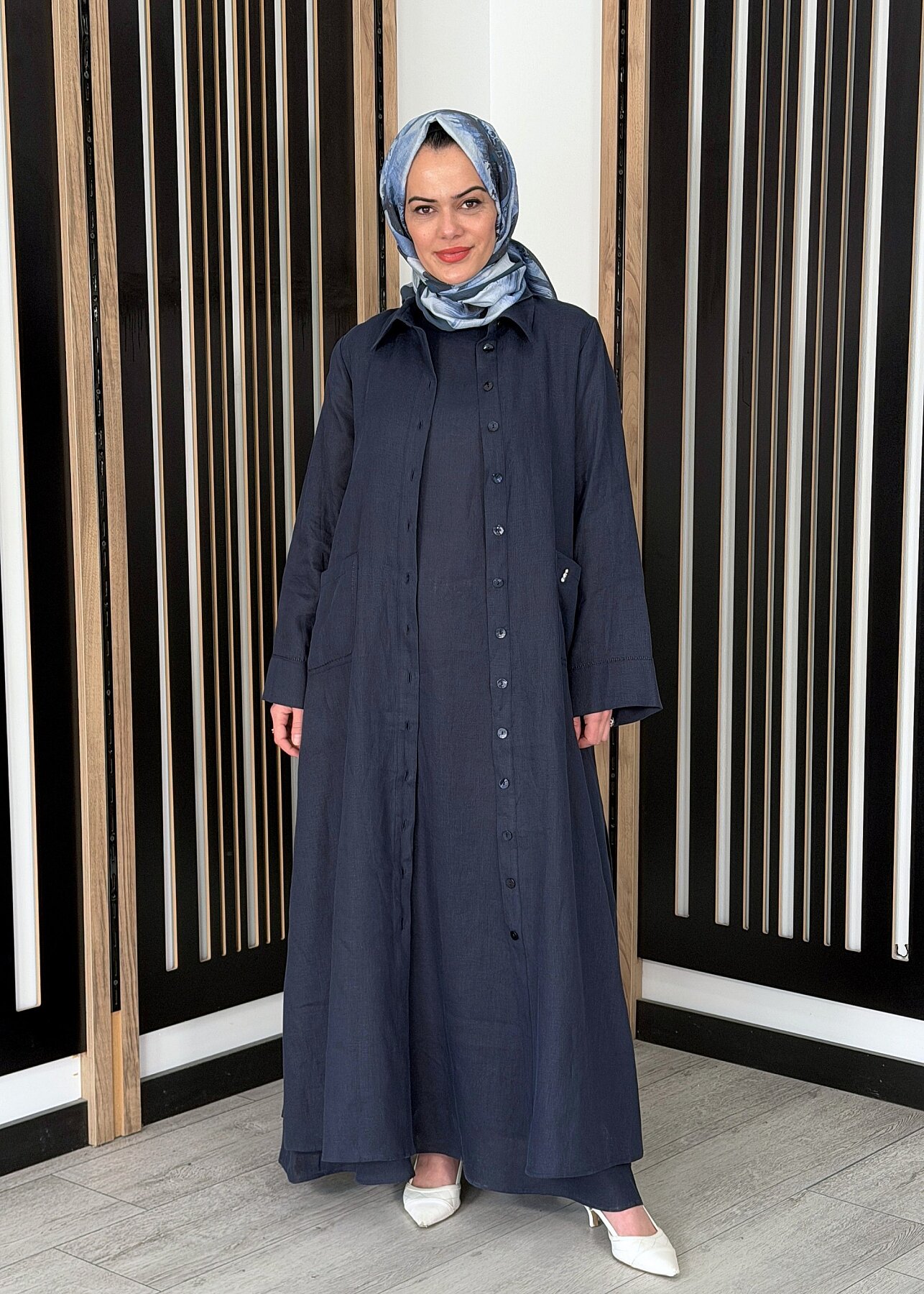 Miss Dalida Kolsuz Düz Renk Keten Elbise Dark Navy - 1