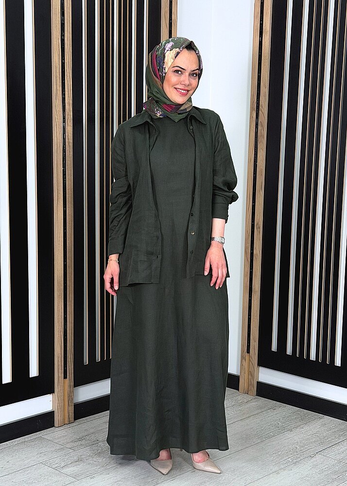 Miss Dalida Kolsuz Düz Renk Keten Elbise KHAKİ