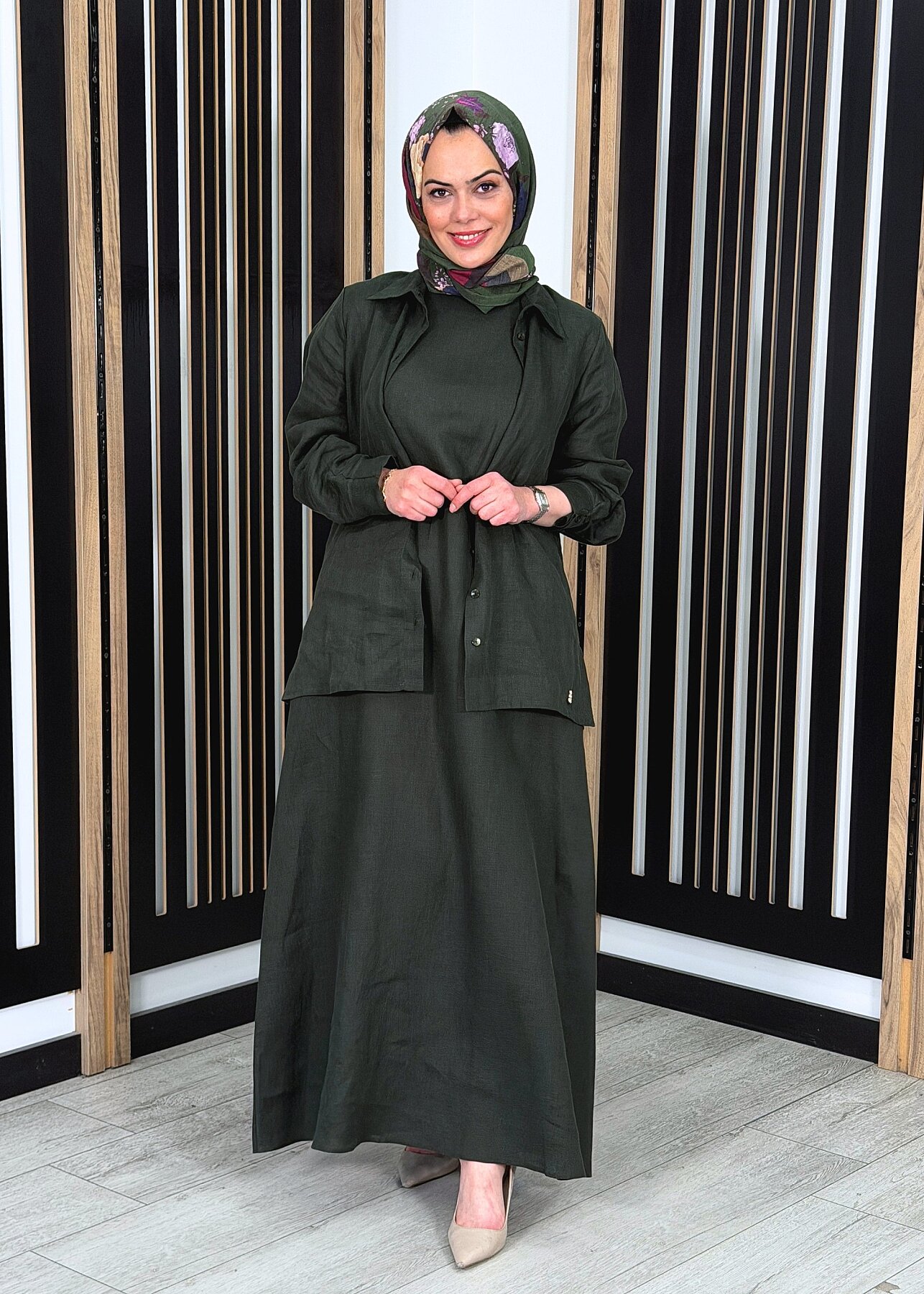 Miss Dalida Kolsuz Düz Renk Keten Elbise KHAKİ - 3