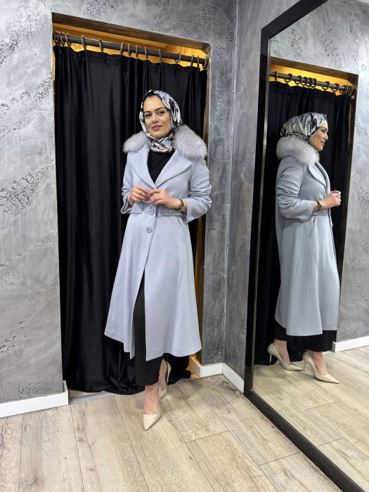 Miss Dalida Kürk Yaka Uzun Triko Manto BLUE - 1