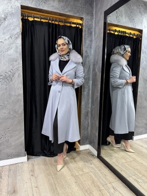 Miss Dalida Kürk Yaka Uzun Triko Manto BLUE - 6