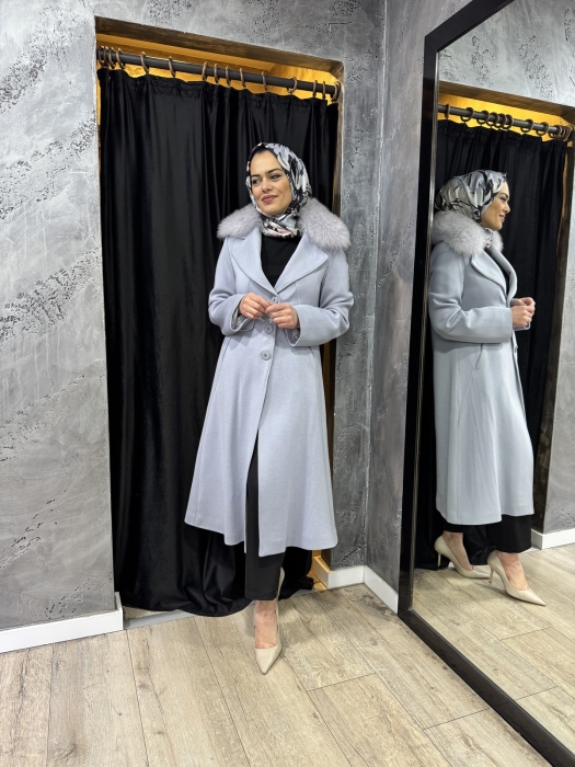 Miss Dalida Kürk Yaka Uzun Triko Manto BLUE - 7