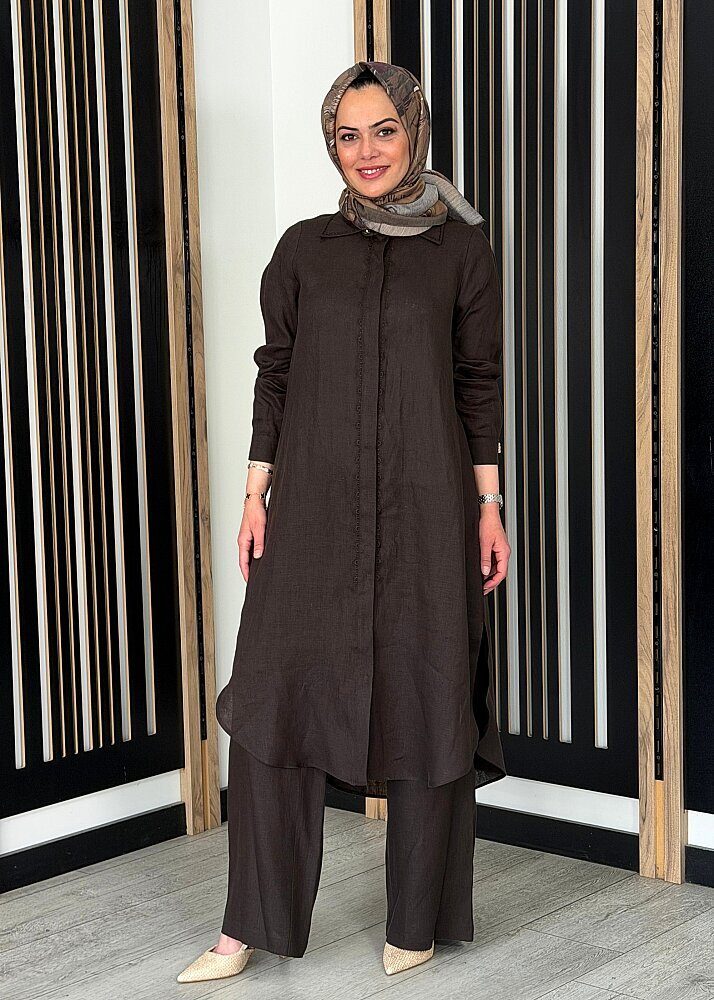 Miss Dalida Minimal Nakışlı Uzun Keten Gömlek Cacao - 2