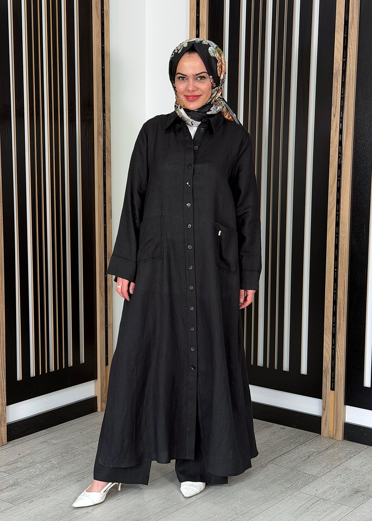 Miss Dalida Nakış Detaylı Düğmeli Uzun Kap BLACK - 3