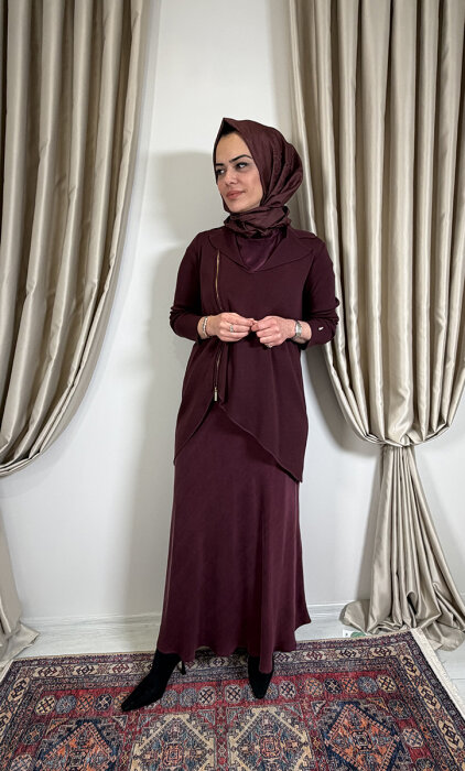 Miss Dalida Önden Fermuarlı Asimetrik Kesim Hırka Kolsuz Tunik Takım TOGA-BORDO - 1