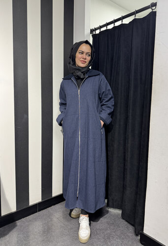 Miss Dalida Önden Fermuarlı Uzun Denim Kap Oası-Dark Navy