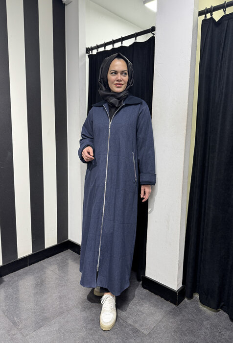 Miss Dalida Önden Fermuarlı Uzun Denim Kap Oası-Dark Navy - 4