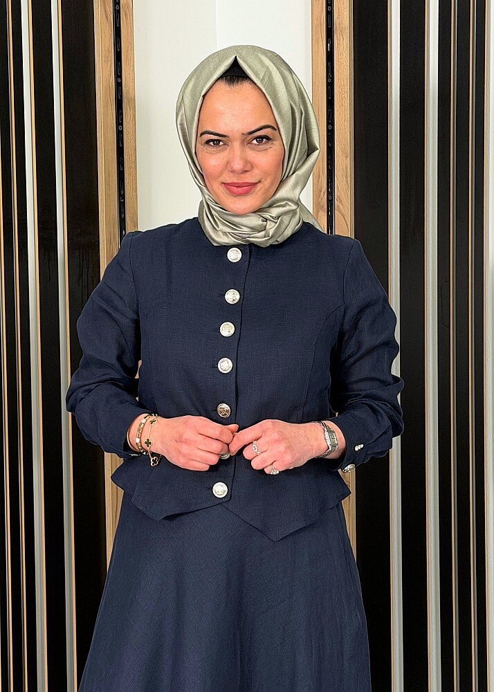 Miss Dalida Önü Düğmeli Kısa Keten Ceket Dark Navy - 3