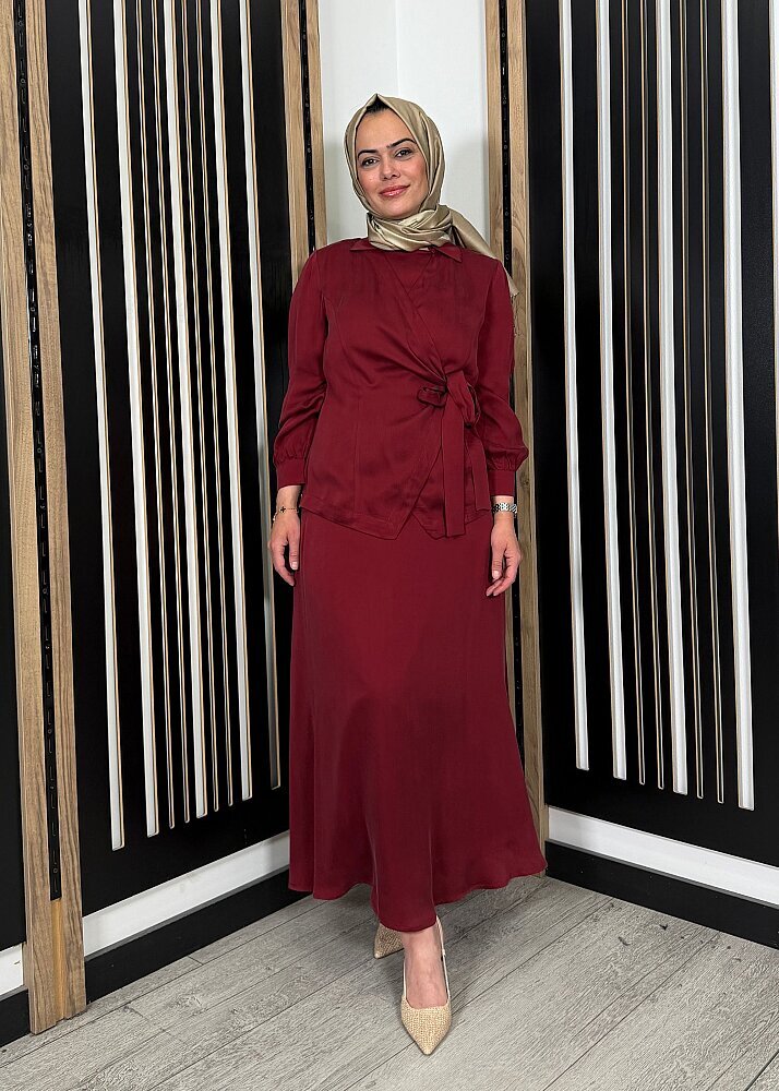 Miss Dalida Rahat Kesim Düz Renk Kumaş Etek Cherry