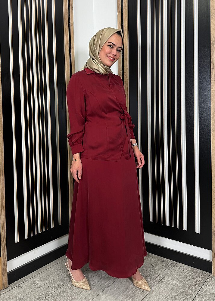 Miss Dalida Rahat Kesim Düz Renk Kumaş Etek Cherry (1)