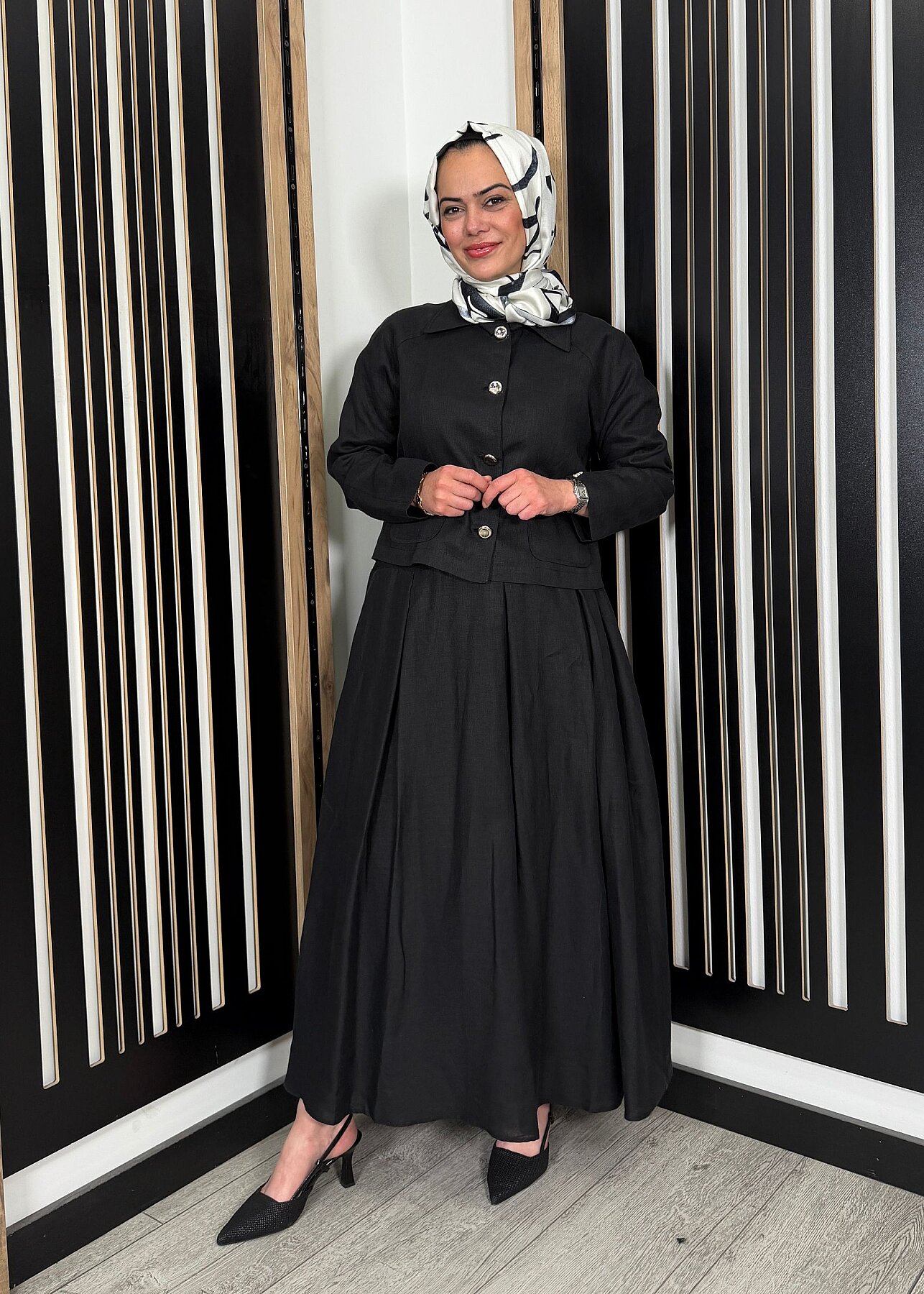 Miss Dalida Triko Korsajlı Rahat Kesim Keten Etek BLACK - 1