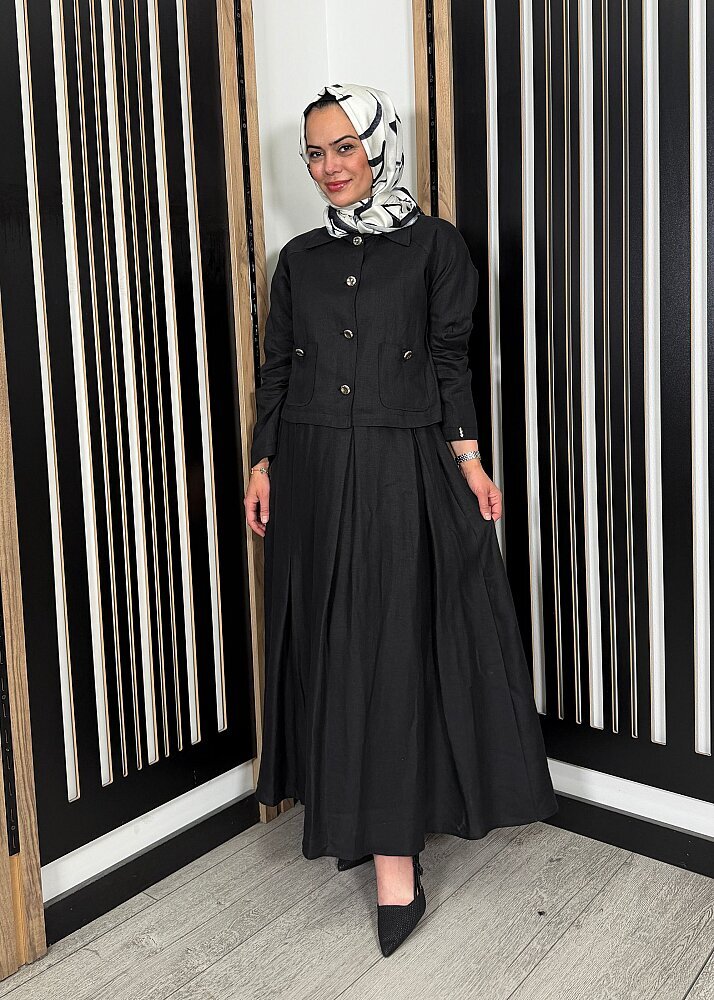 Miss Dalida Triko Korsajlı Rahat Kesim Keten Etek BLACK - 2
