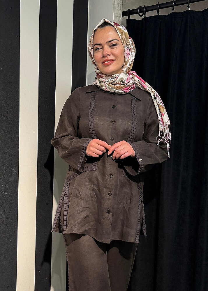 Miss Dalida Triko Tiktaklı Keten Gömlek Cacao - 2