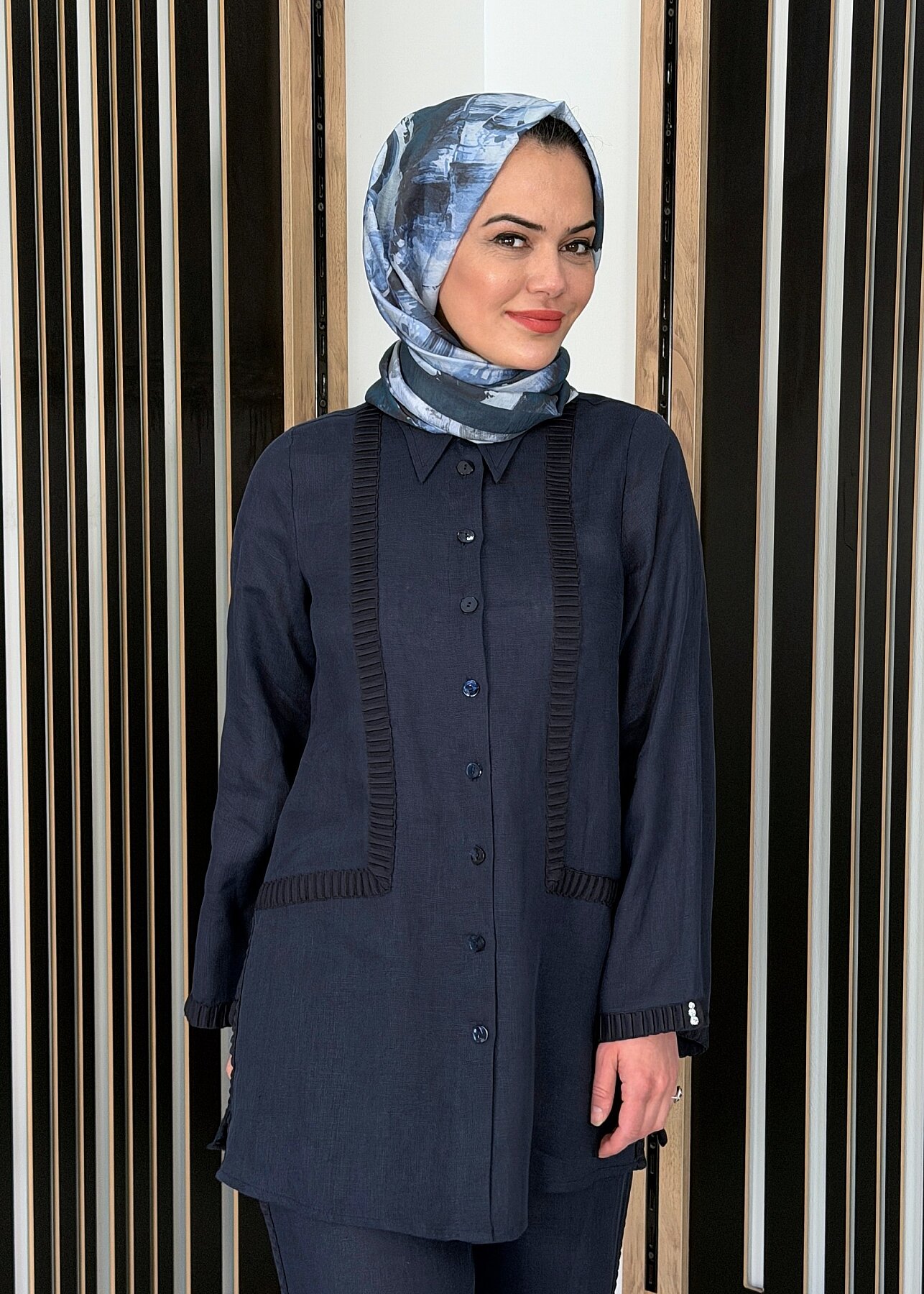 Miss Dalida Triko Tiktaklı Keten Gömlek Dark Navy - 1