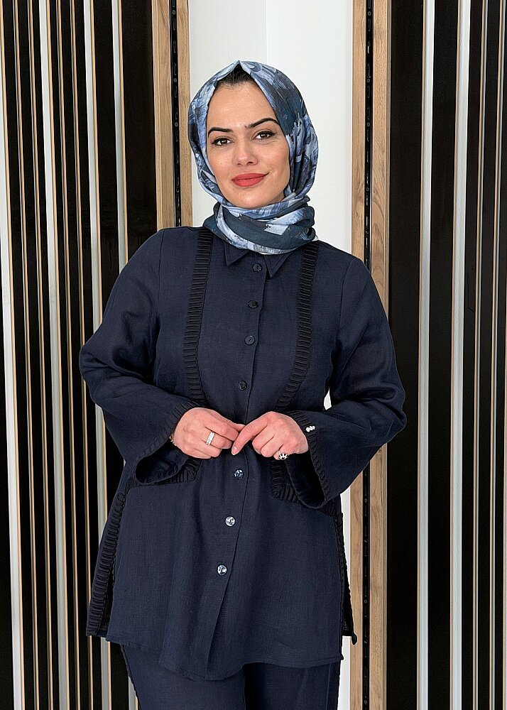 Miss Dalida Triko Tiktaklı Keten Gömlek Dark Navy (1)