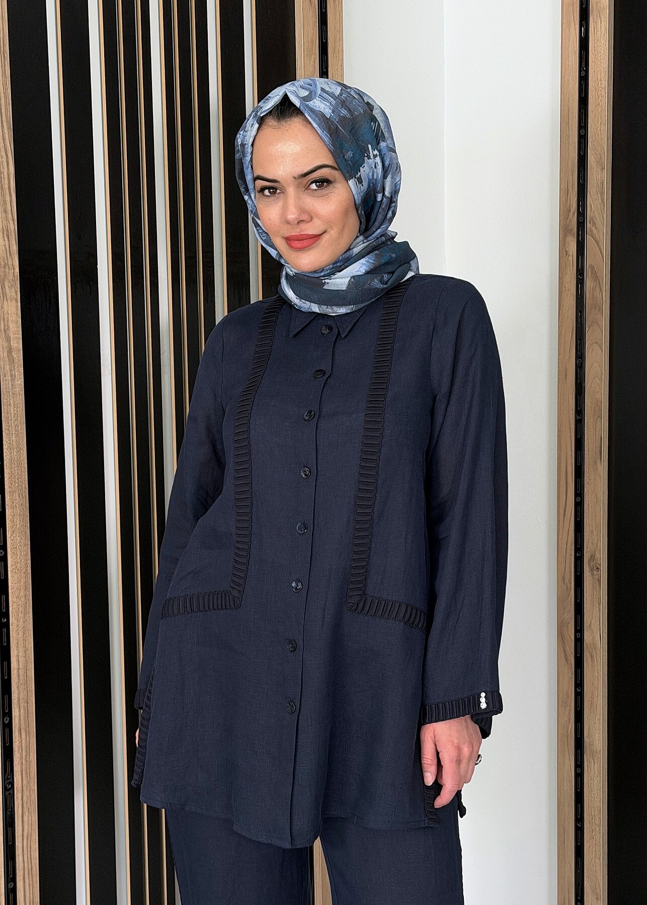 Miss Dalida Triko Tiktaklı Keten Gömlek Dark Navy - 3