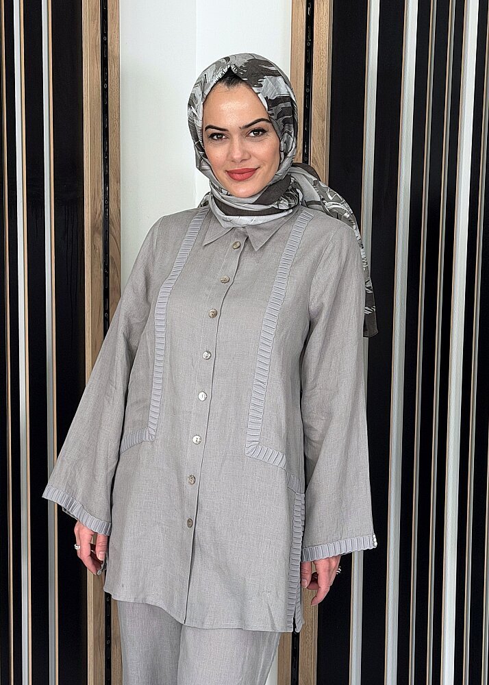 Miss Dalida Triko Tiktaklı Keten Gömlek GREY (1)
