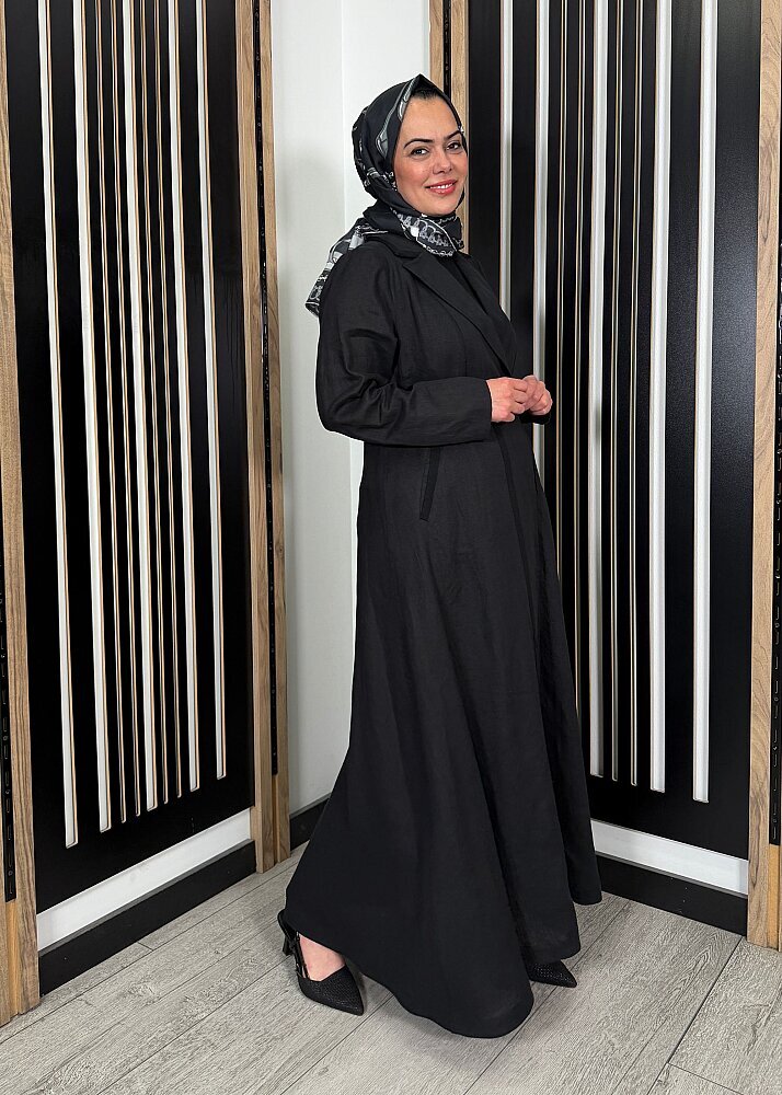 Miss Dalida Triko Tiktaklı Uzun Keten Ceket BLACK - 2