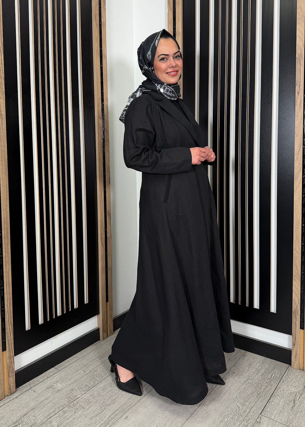 Miss Dalida Triko Tiktaklı Uzun Keten Ceket BLACK - 2