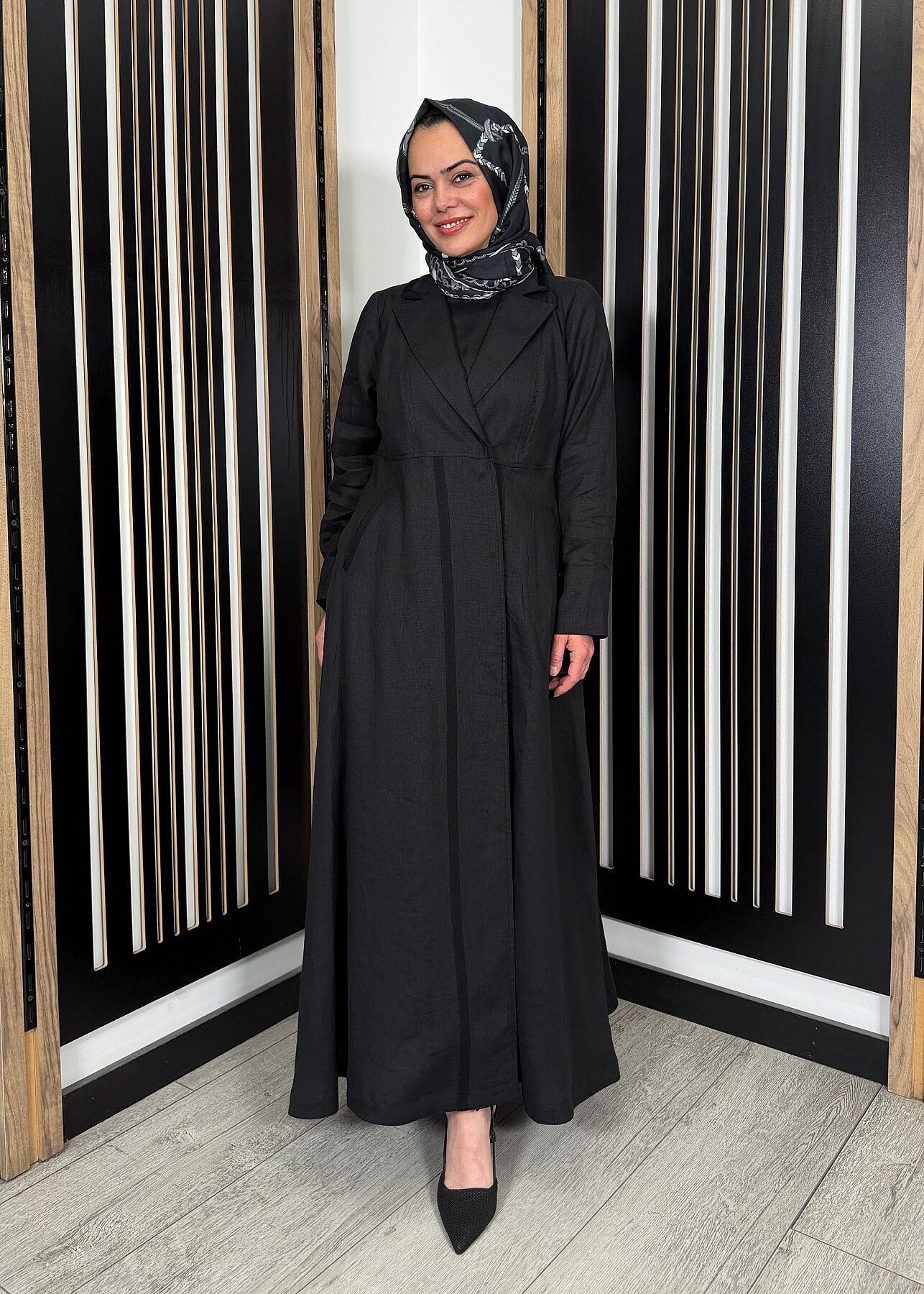 Miss Dalida Triko Tiktaklı Uzun Keten Ceket BLACK - 1