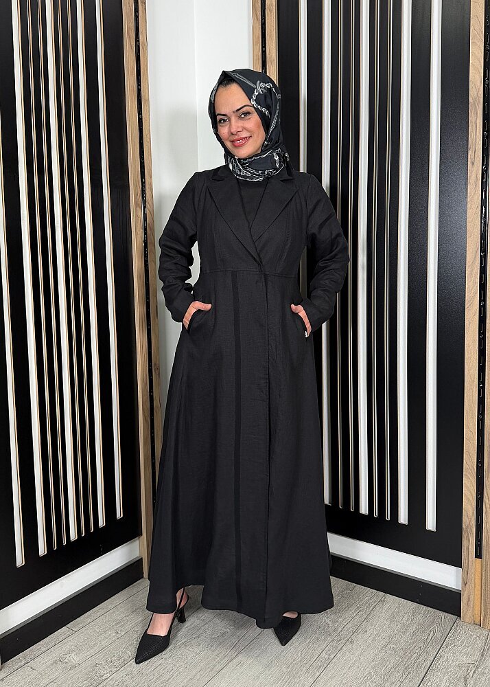 Miss Dalida Triko Tiktaklı Uzun Keten Ceket BLACK - 3