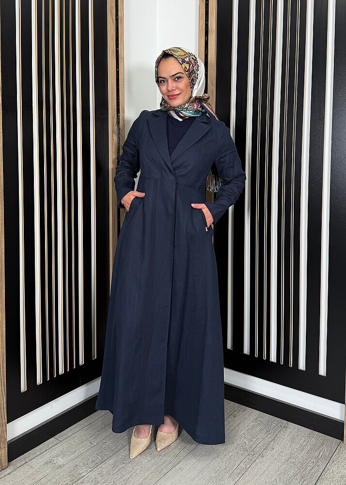 Miss Dalida Triko Tiktaklı Uzun Keten Ceket Dark Navy