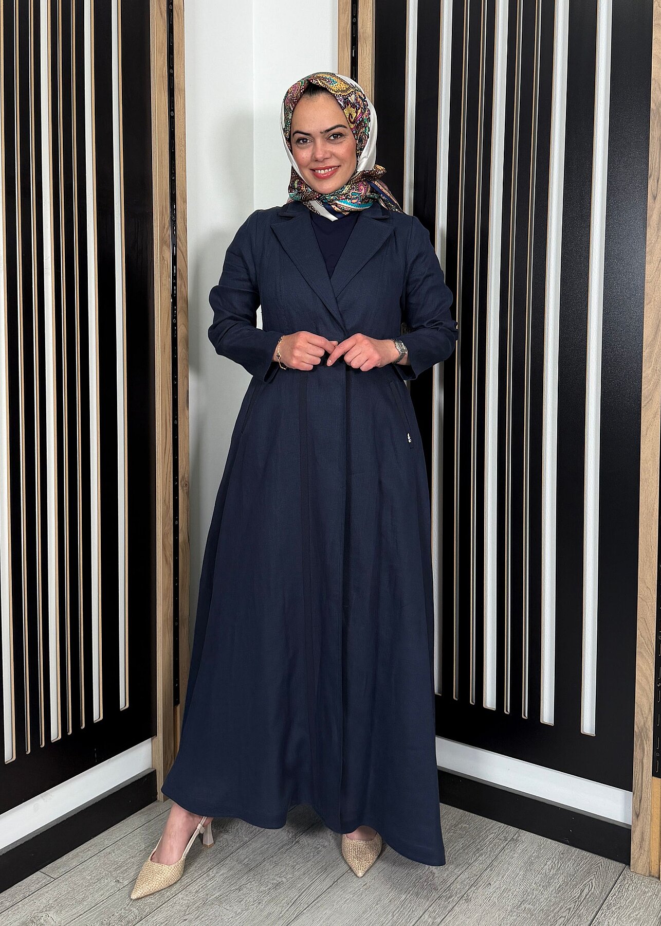 Miss Dalida Triko Tiktaklı Uzun Keten Ceket Dark Navy - 3