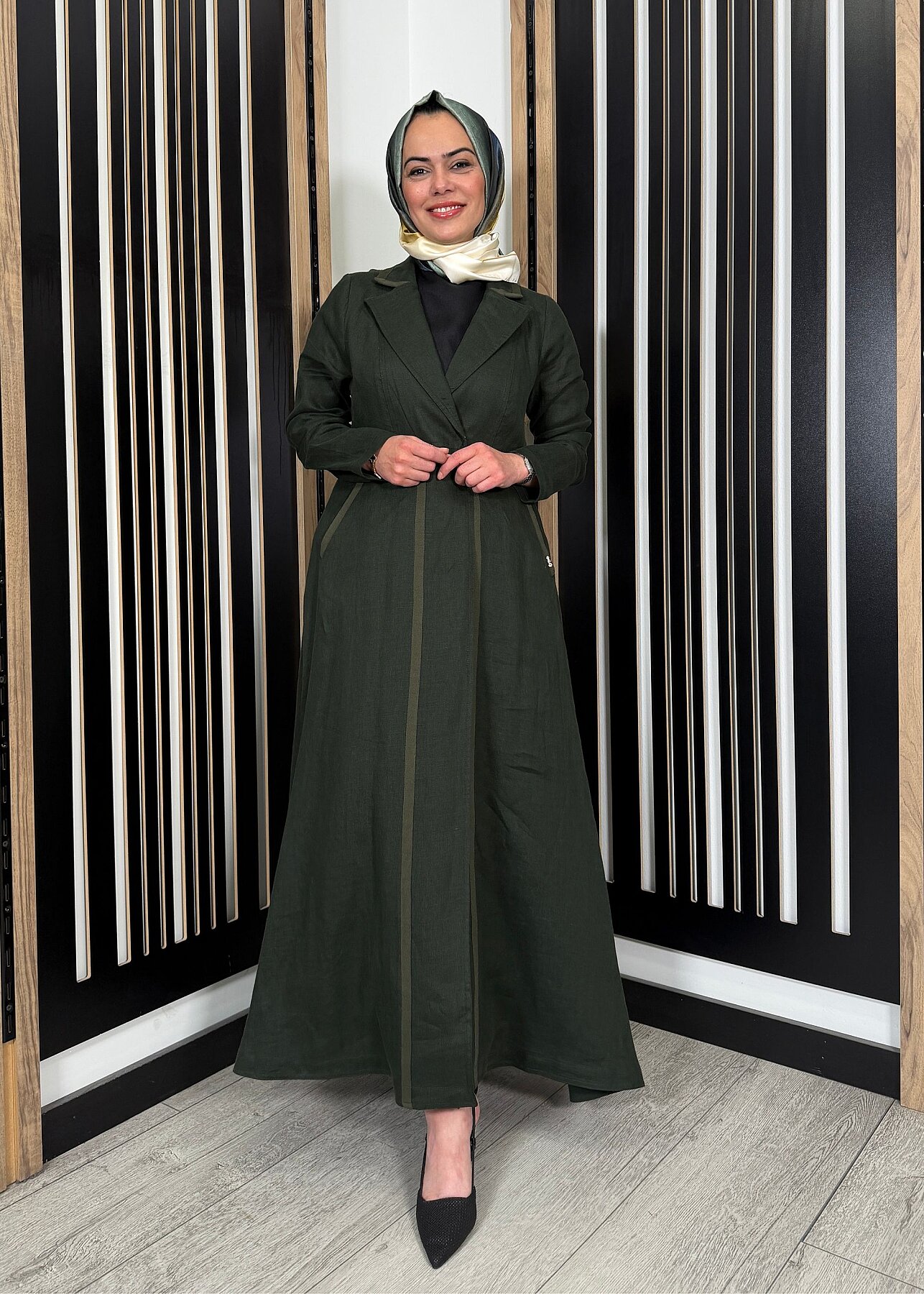 Miss Dalida Triko Tiktaklı Uzun Keten Ceket KHAKİ - 3