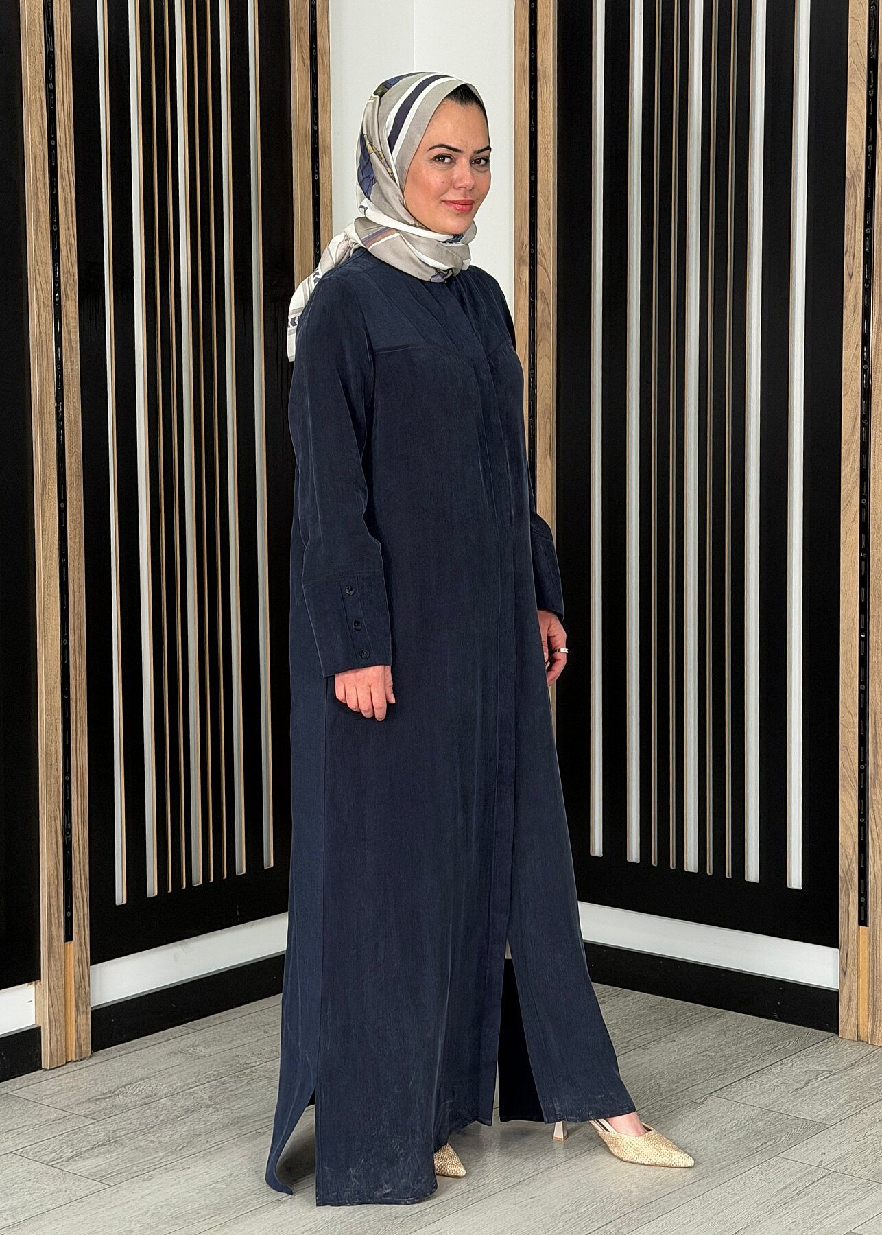 Miss Dalida Yakasız Yırtmaç Detaylı Keten Ceket Dark Navy - 3