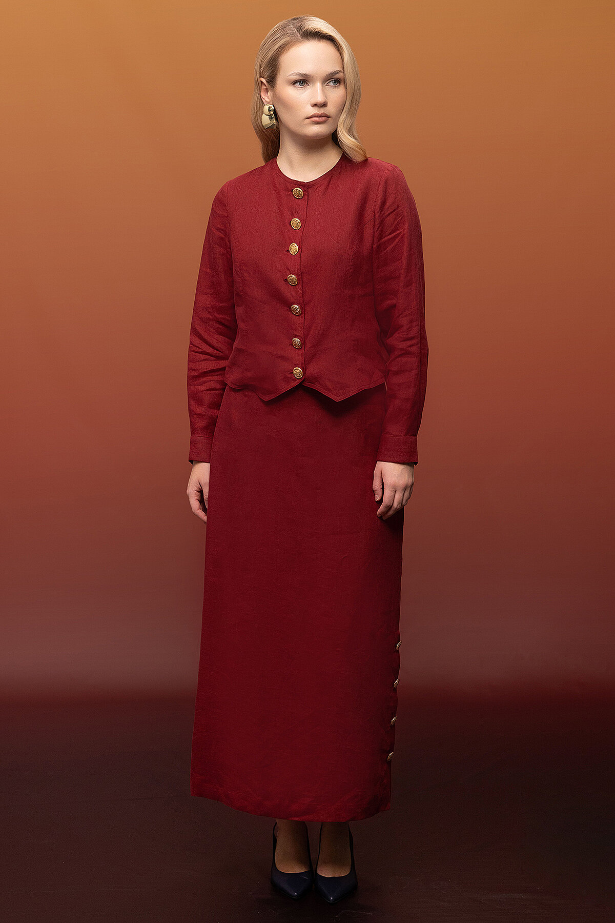 Miss Dalida Yanları Düğmeli Düz Renk Keten Etek Cherry - 1