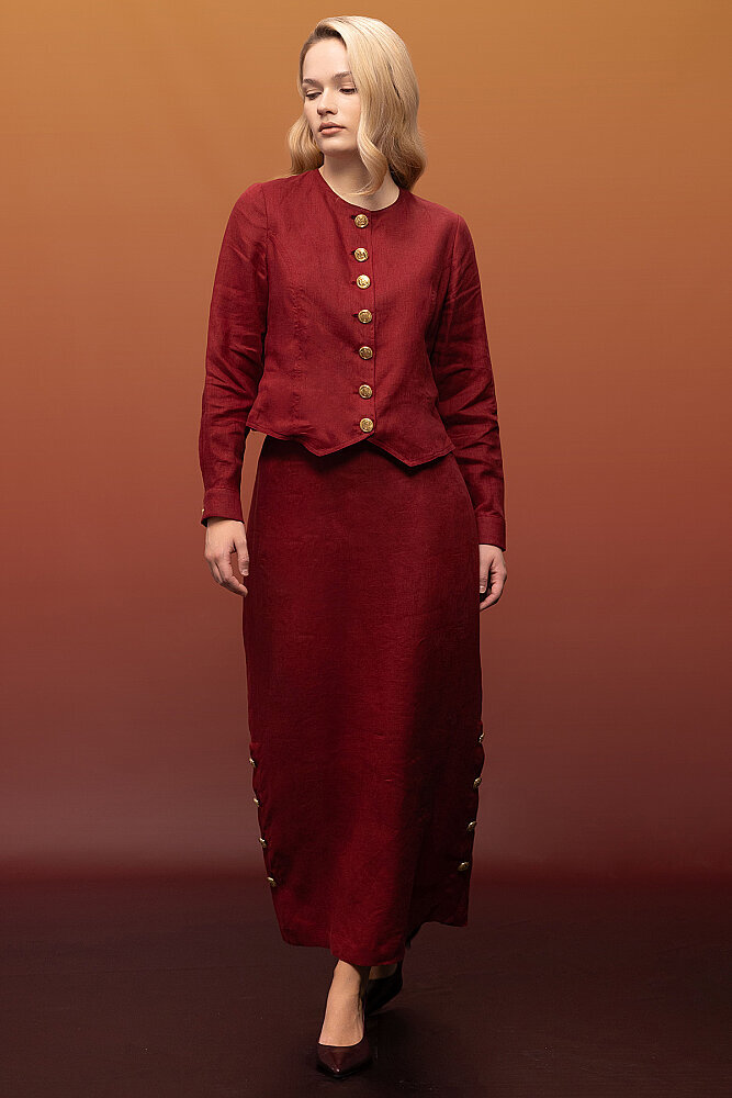 Miss Dalida Yanları Düğmeli Düz Renk Keten Etek Cherry - 3