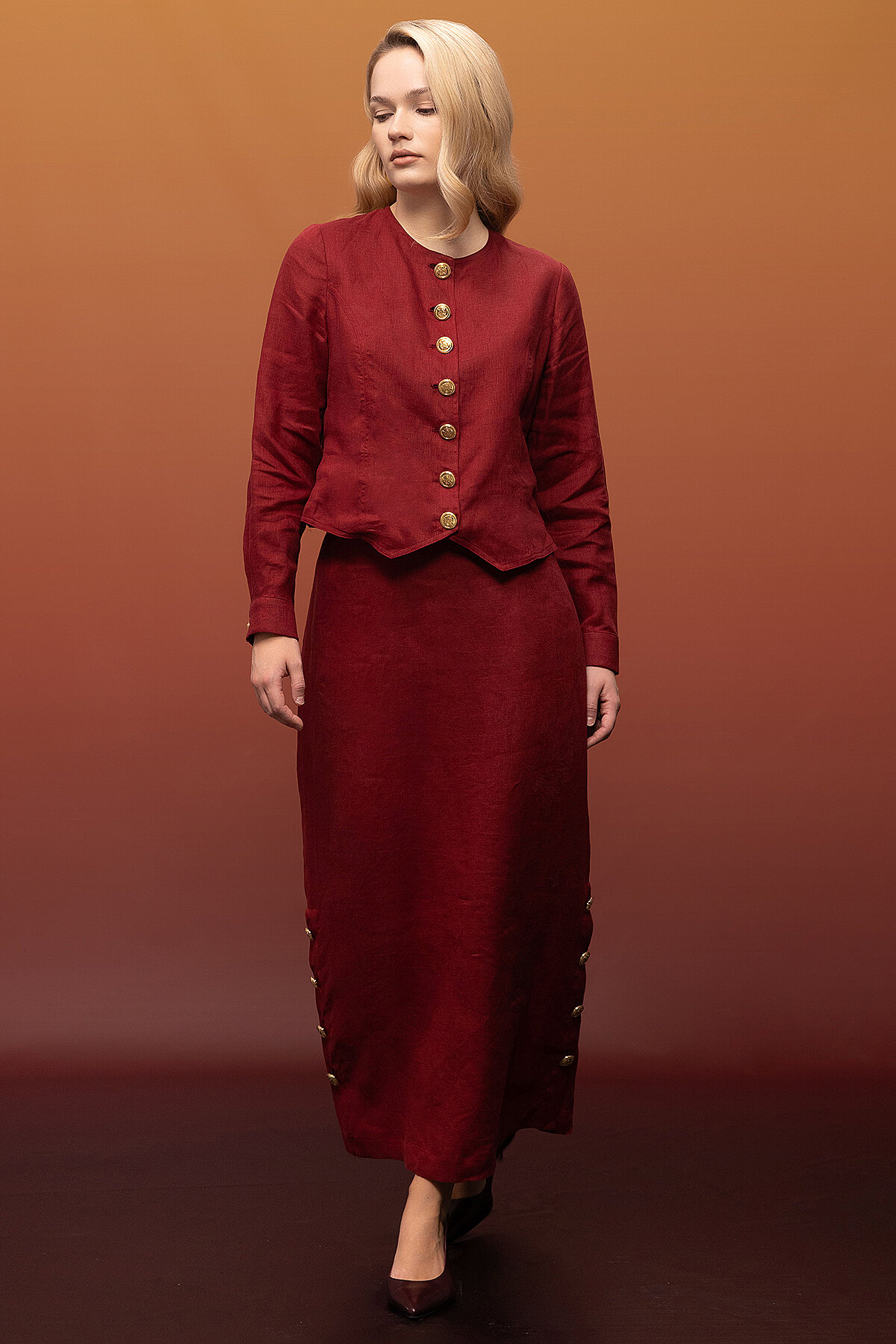 Miss Dalida Yanları Düğmeli Düz Renk Keten Etek Cherry - 3