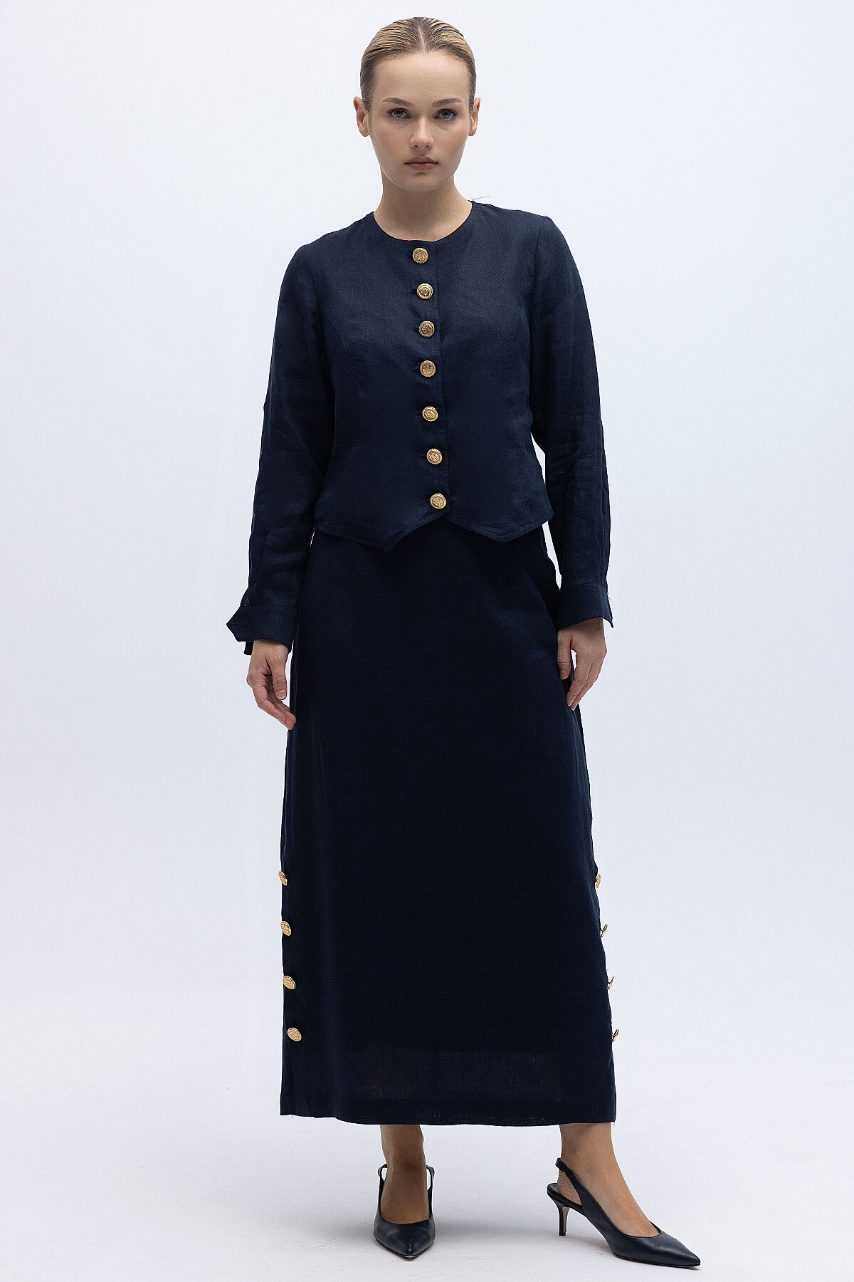 Miss Dalida Yanları Düğmeli Düz Renk Keten Etek Dark Navy - 1