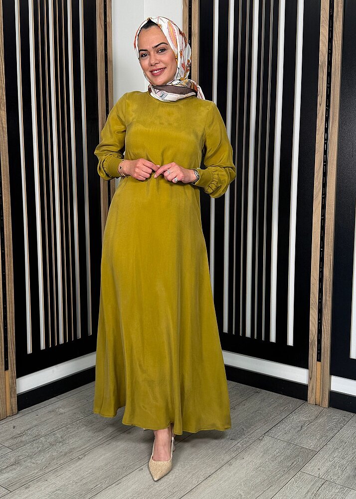 Miss Dalida Yuvarlak Yaka Cupro Uzun Elbise Amber - 5