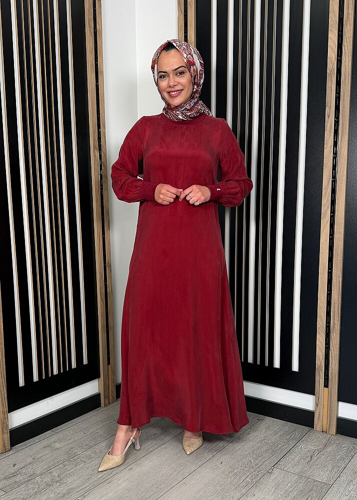 Miss Dalida Yuvarlak Yaka Cupro Uzun Elbise Cherry - 3