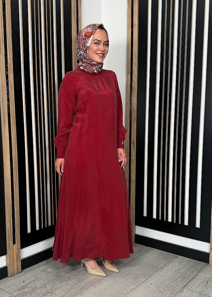 Miss Dalida Yuvarlak Yaka Cupro Uzun Elbise Cherry - 5