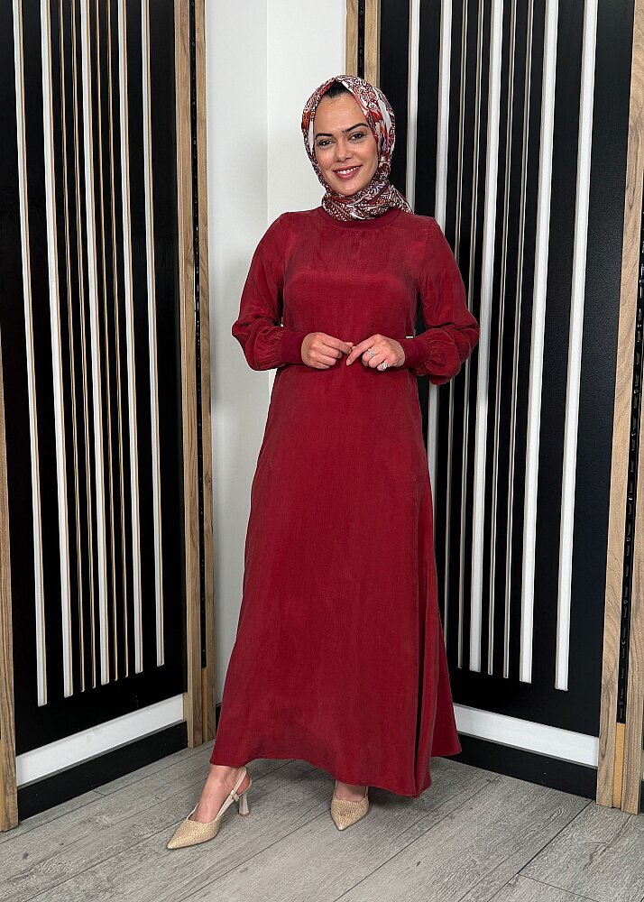 Miss Dalida Yuvarlak Yaka Cupro Uzun Elbise Cherry - 6