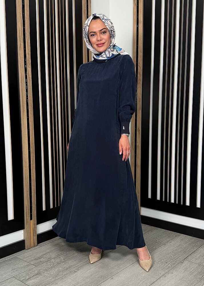 Miss Dalida Yuvarlak Yaka Cupro Uzun Elbise Dark Navy - 5