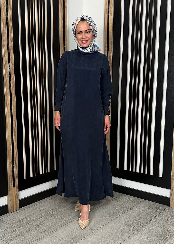 Miss Dalida Yuvarlak Yaka Cupro Uzun Elbise Dark Navy - 6